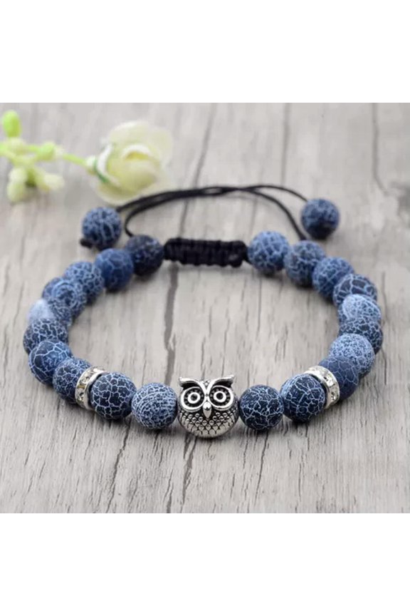 Men Women 8mm Natural Round Gemstone Bead Handmade Beads Bracelets Jewelry Gift-Silver Owl + Dark Blue Stone