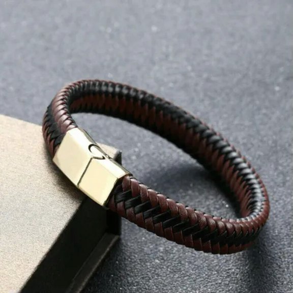 EOEMY Fashion Men Natural Stone Bead Leather Stainless Steel Magnetic Clasp Bracelet-Style 14