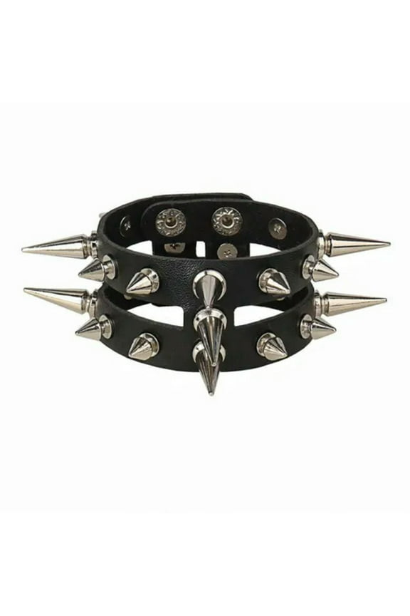 Men Women Spike Studded Rivet Bracelet Punk Goth Biker Wide Leather Wristband-Double Spike Layer 23Cm