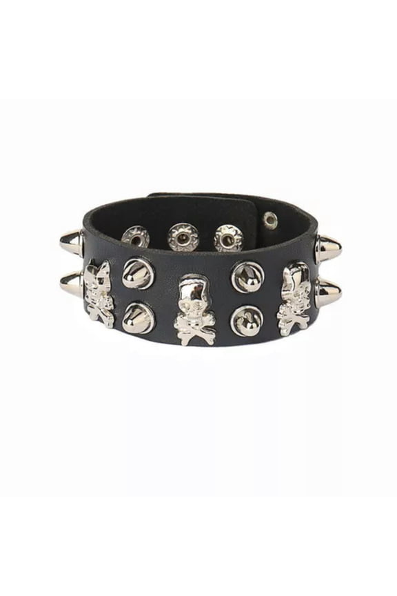 Men Women Spike Studded Rivet Bracelet Punk Goth Biker Wide Leather Wristband-Rivet Skull 22Cm