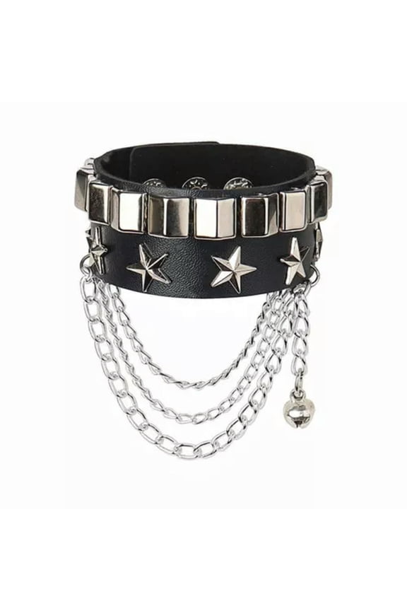 Men Women Spike Studded Rivet Bracelet Punk Goth Biker Wide Leather Wristband-Stars Chain 22Cm