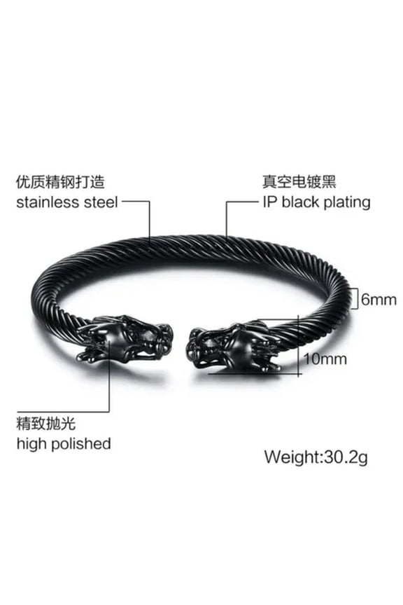 Mens Black Gold Silver Tone Dragon Stainless Steel Cable Bangle Bracelet Cuff-Black