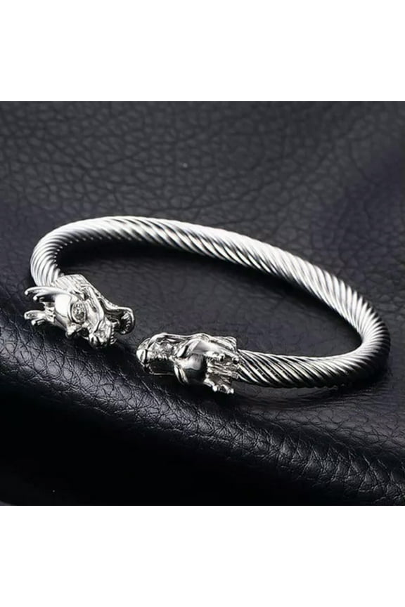 Mens Black Gold Silver Tone Dragon Stainless Steel Cable Bangle Bracelet Cuff-Silver