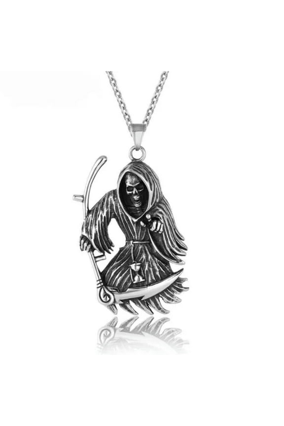 Mens Gothic Death Skull Grim Reaper Necklace Pendant Stainless Steel Men