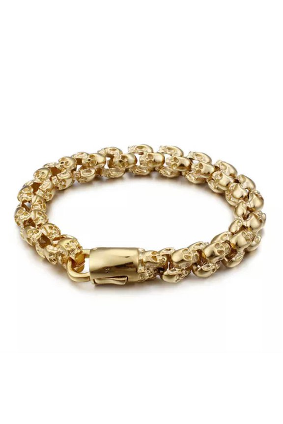 Mens Gothic Punk Skull 316L Stainless Steel Cuff Bangle Bracelet Christmas Gift-Gold