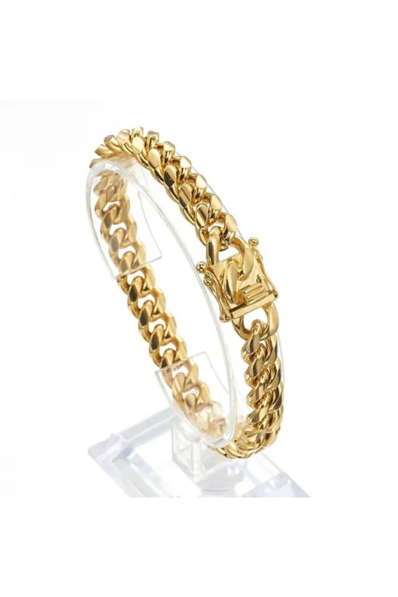 Mens Miami Cuban Link Bracelet 18K Gold Plated Stainless Steel Hip Hop 8mm-18mm-10mm-9.5Inch Or 24Cm