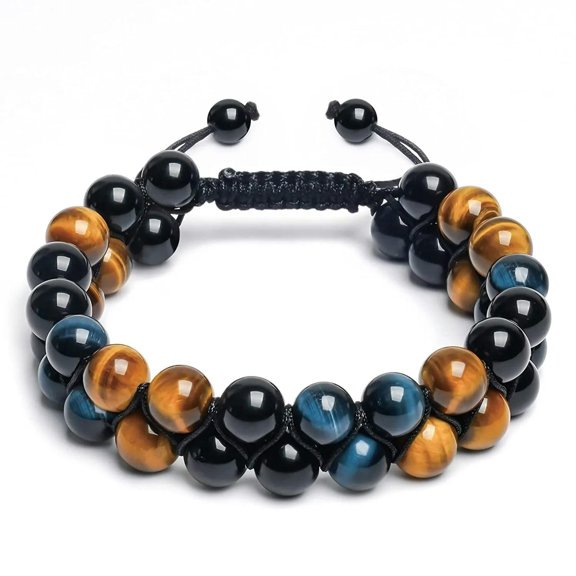 EOEMY Mens Triple Protection Obsidian Blue Tiger Eye Crystal Healing Hematite Bracelet