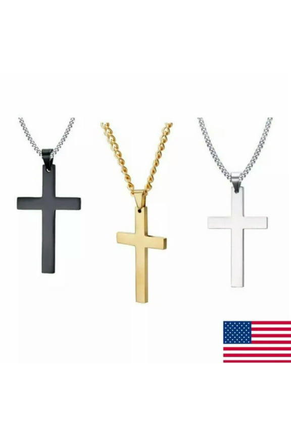 Mens Women Chain Necklace Black Cross Stainless Steel Pendant Crucifix Jesus Us-Black