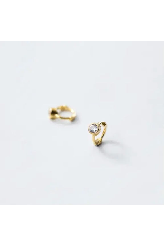 Minimalist Round Cz 925 Sterling Silver Small Huggie Hoop Earrings A1472-Gold With White Stone