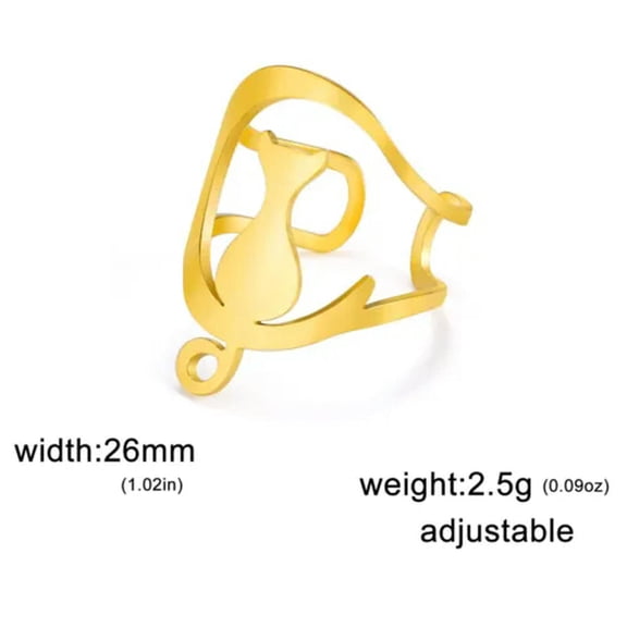 EOEMY Moon Cat Rings For Women Stainless Steel Adjustable Open Ring Animal Pet Jewelry