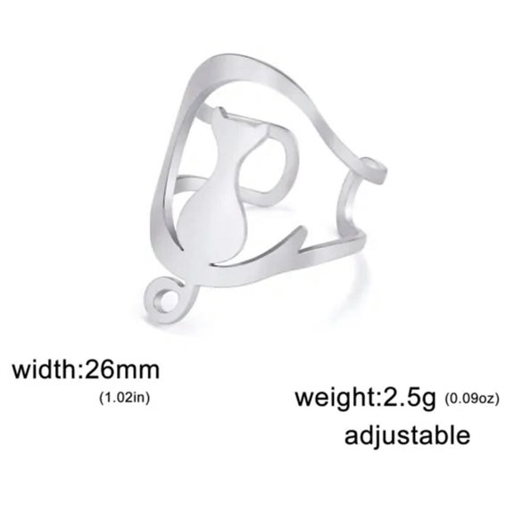 EOEMY Moon Cat Rings For Women Stainless Steel Adjustable Open Ring Animal Pet Jewelry