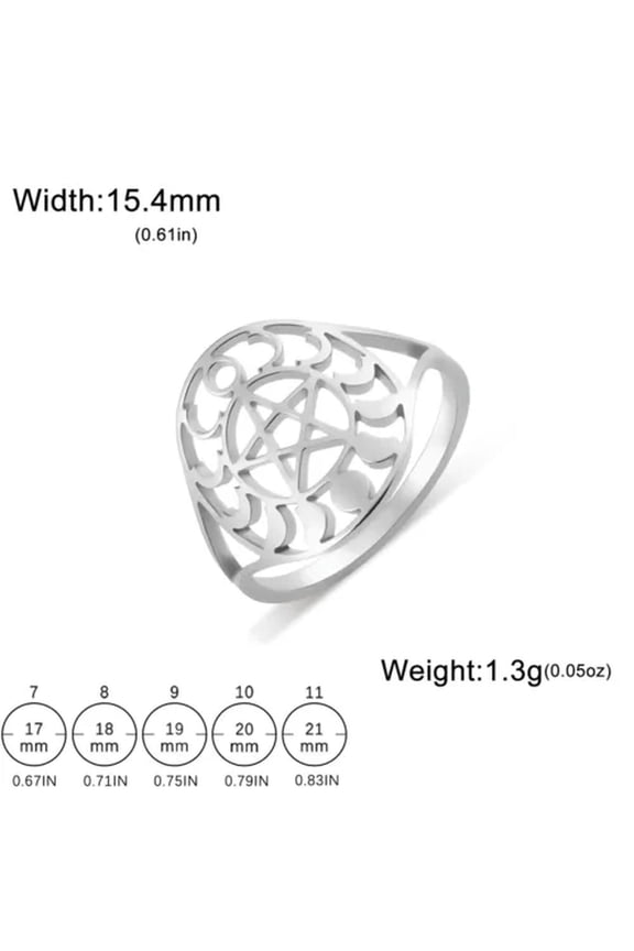 Moon Phase Pentacle Ring Stainless Steel Adjustable Wicca Amulet Jewelry