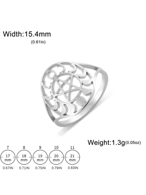 Moon Phase Pentacle Ring Stainless Steel Adjustable Wicca Amulet Jewelry