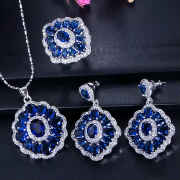 EOEMY Multi Color Rainbow Cz Ring Flower Pendent Necklace Earrings Party Jewelry Set