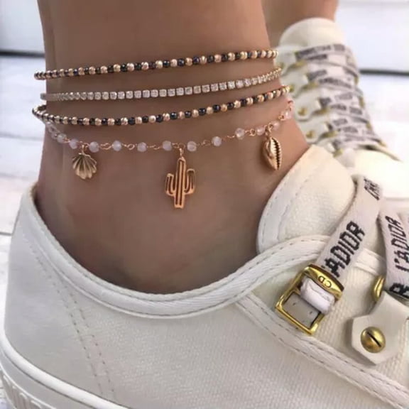 EOEMY Multi-Layer Boho Beads Shell Tassel Anklets Bracelet Foot Beach Jewelry Women-9.Shell Cactus