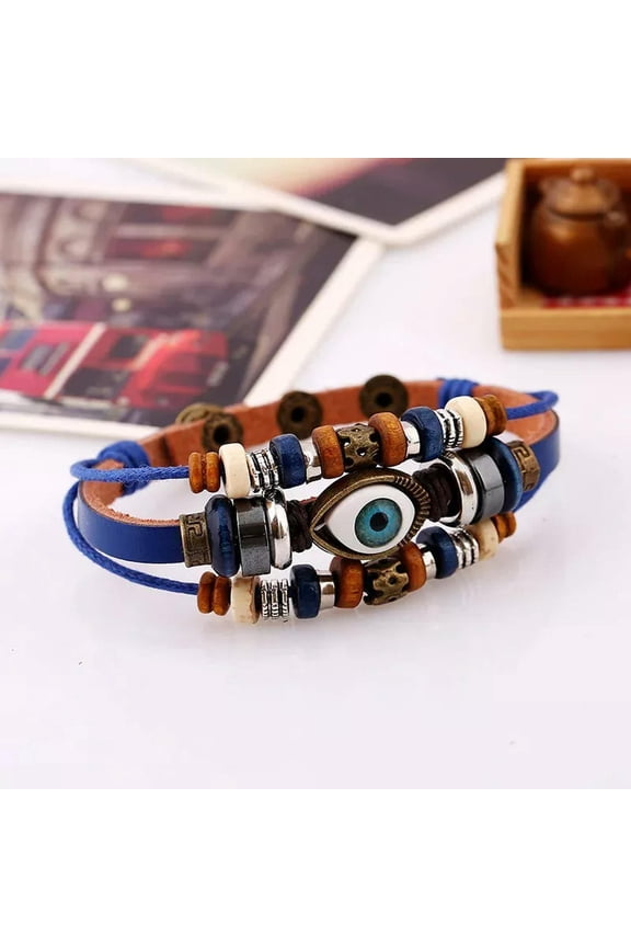 Multi-Layer Braided Blue Leather Devil'S Eye Wristband Prayer Couple Bracelet