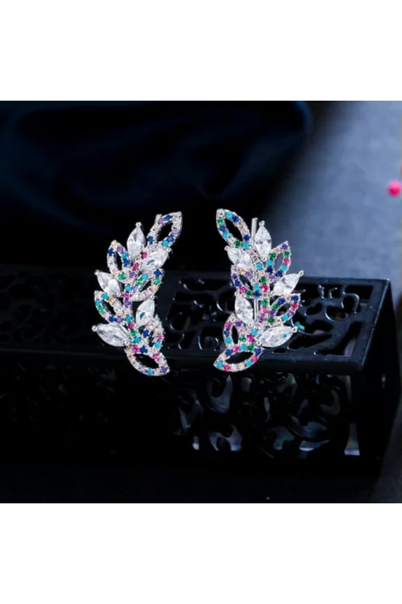 Multicolor Gold Color Cz Ear Cuff Climbing Feather Angle Wing Hook Stud Earrings