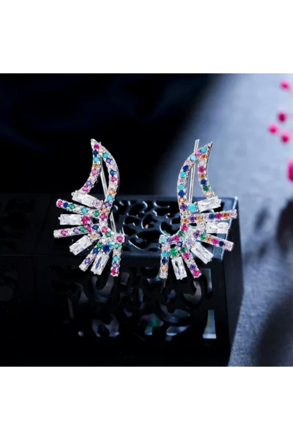 Multicolor Gold Color Cz Ear Cuff Climbing Feather Angle Wing Hook Stud Earrings
