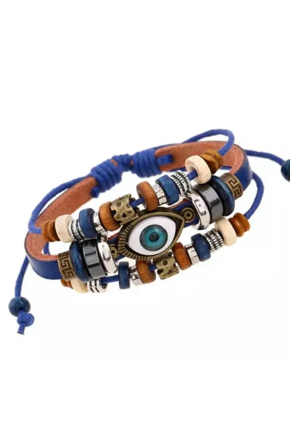 Multilayer Cowhide Devil'S Eyes Beaded Woven Bracelet Couple Leather Bangle Gift-Blue Leather