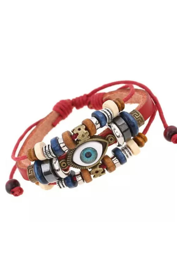 Multilayer Cowhide Devil'S Eyes Beaded Woven Bracelet Couple Leather Bangle Gift-Red Leather