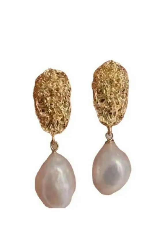 Natural 11-14mm White Big Alien Baroque Pearl Earrings 925S -Gold