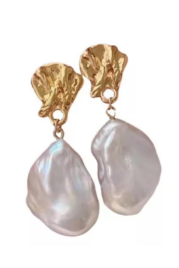 Natural 15-25mm White Big Alien Baroque Pearl Earrings 925S -Gold
