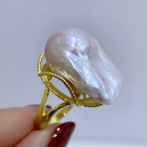 EOEMY Natural 17-20mm Baroque White Freshwater Pearl Ring Size Adjustable -Gold