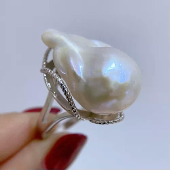 EOEMY Natural 17-20mm Baroque White Freshwater Pearl Ring Size Adjustable -Silver