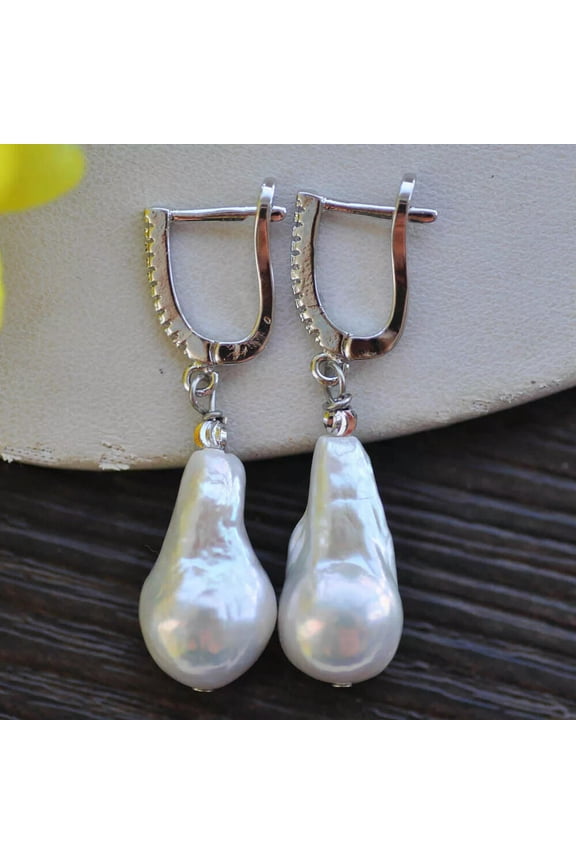 Natural 19mm White Tear-Drop Baroque Keshi Pearl Cz Dangle Earring