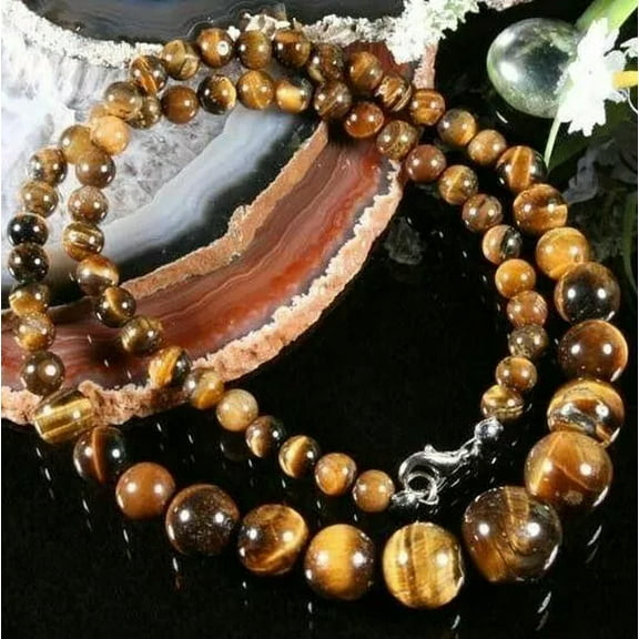 EOEMY Natural 6-14mm Genuine Tiger Eye Gems Stone Round Beads Necklace 18" Aa+