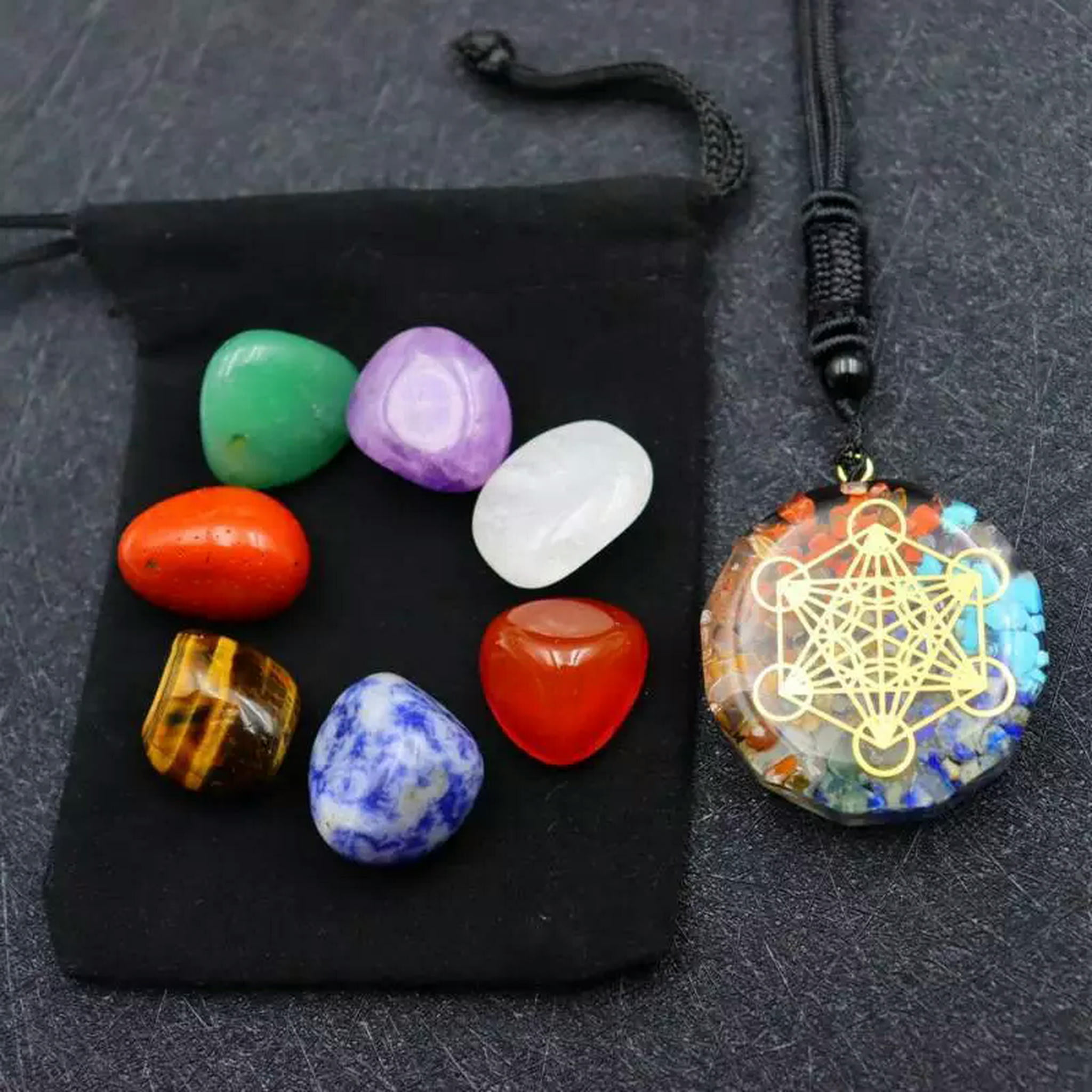 rmventas Pack de Accesorios de Piedra Natural de Energía: Collar/Colgante Protector Piedra en Saco de Cáñamo, Piedras Semipreciosas Espirituales y Curativas (Amatista