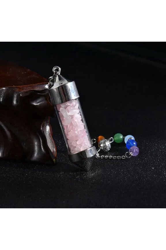 Natural 7 Chakra Gravel Drift Bottle Pendant Bead Healing Necklace Chakra Reiki-Rose Quartz