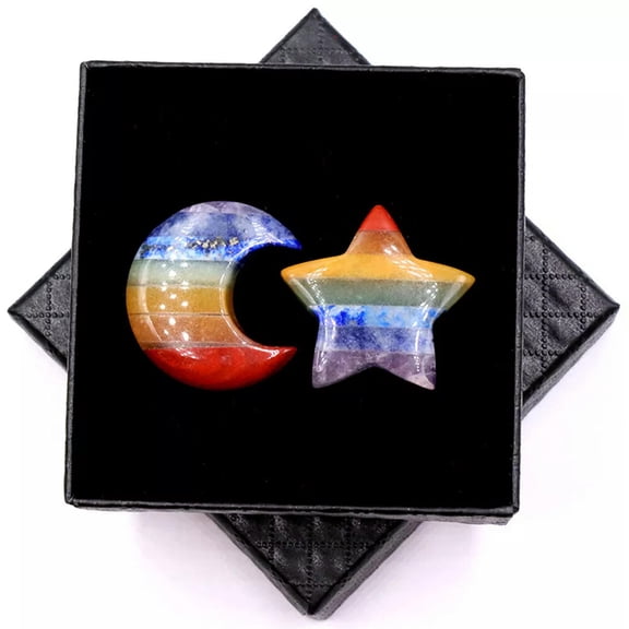 EOEMY Natural 7 Seven Chakra Moon Star Carved Quartz Crystal Reiki Healing W/ Gift Box