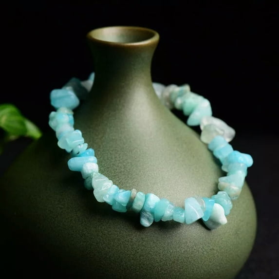 EOEMY Natural Amazonite Quartz Gravel Gems Bracelet Crystal Stretch String Bangle Gift