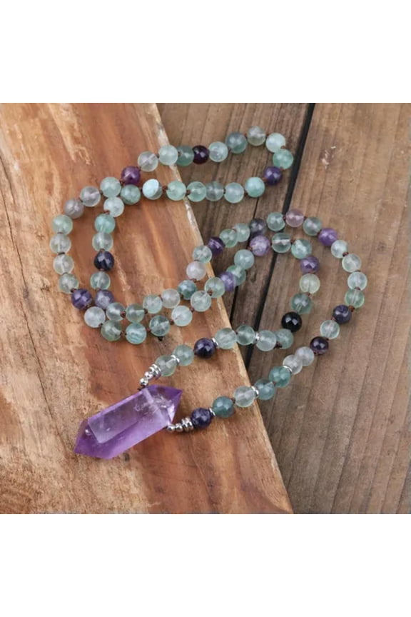 Natural Amethysts Quartz Point Pendant Rainbow Fluorite Stone Knotted Necklace-108 Piece Beads