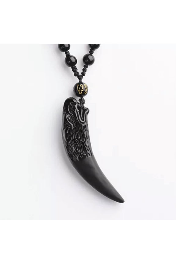 Natural Black Golden Obsidian Crystal Wolf Tooth Necklace Pendant With Chain-Black Obsidian