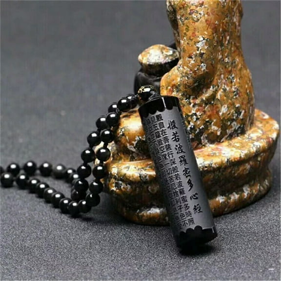EOEMY Natural Black Obsidian Carved Buddhism Words Strip Heart Lucky Necklace Jewelry