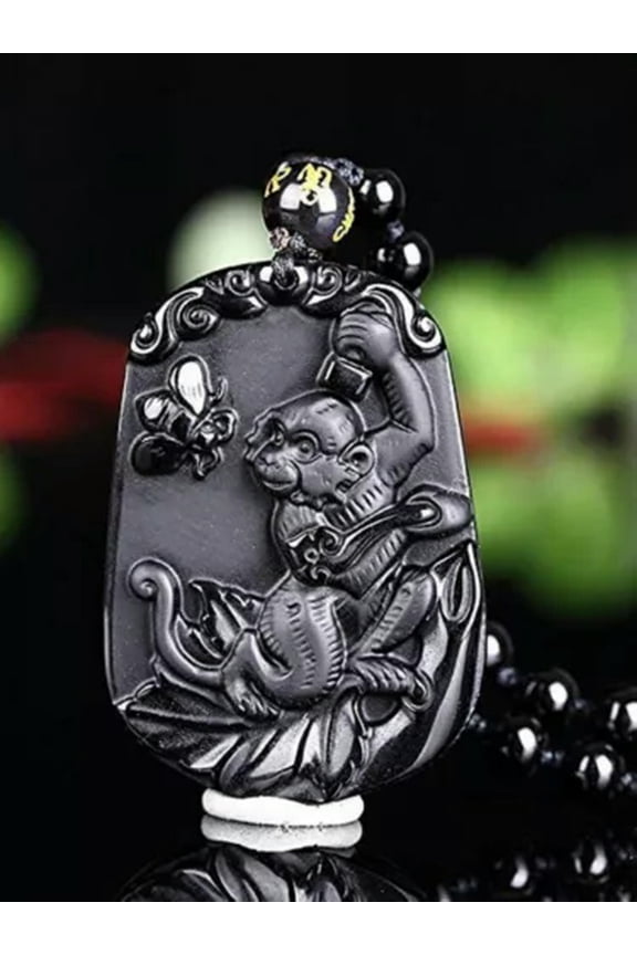 Natural Black Obsidian Chinese Zodiac Necklace Amulet Animals Pendant Bead Chain-Monkey
