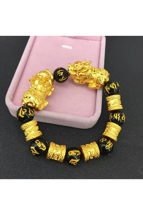 Natural Black Obsidian Pi Xiu 14mm Six Word 18K Gold Plated Beads Bracelet Aaaa