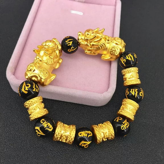 EOEMY Natural Black Obsidian Pi Xiu 14mm Six Word 18K Gold Plated Beads Bracelet Aaaa