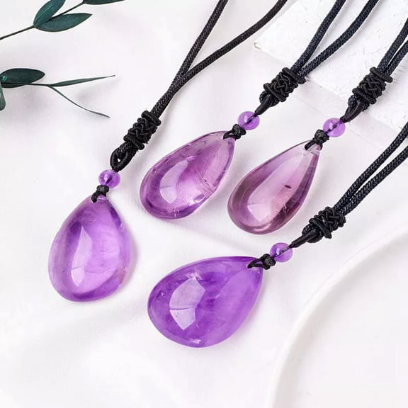 EOEMY Natural Brazilian Amethyst Quartz Crystal Water Drop Pendant Charm Stone Amulet