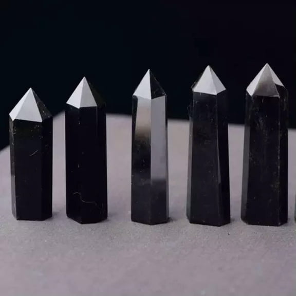 EOEMY Natural Citrine Fluorite Amethyst Clear Quartz Crystal Point Wand Healing Stone-55-65mm-Black Obsidian
