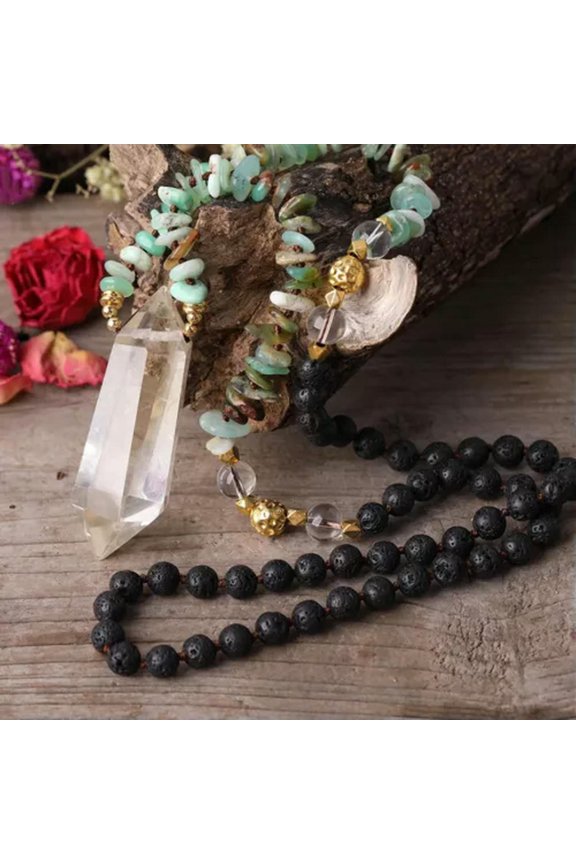 Natural Citrines Point Pendant Australian Jades Chip &Black Lava Beaded Necklace-30 Inch