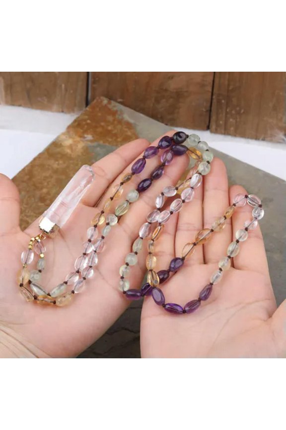 Natural Clear Quartz Point Pendant Citrines Amethysts Quartz Beads Knot Necklace-40 Inch