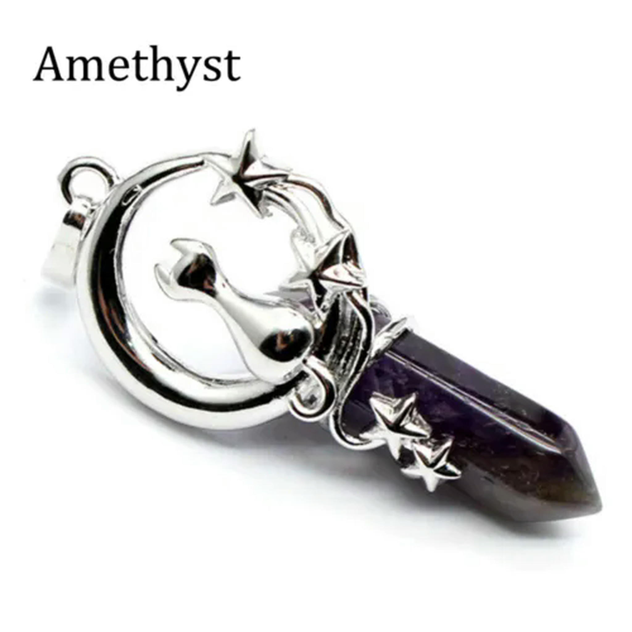 Natural Amethyst Hexagonal Point Pendant Necklace - Silver Plated, Reiki Crystal