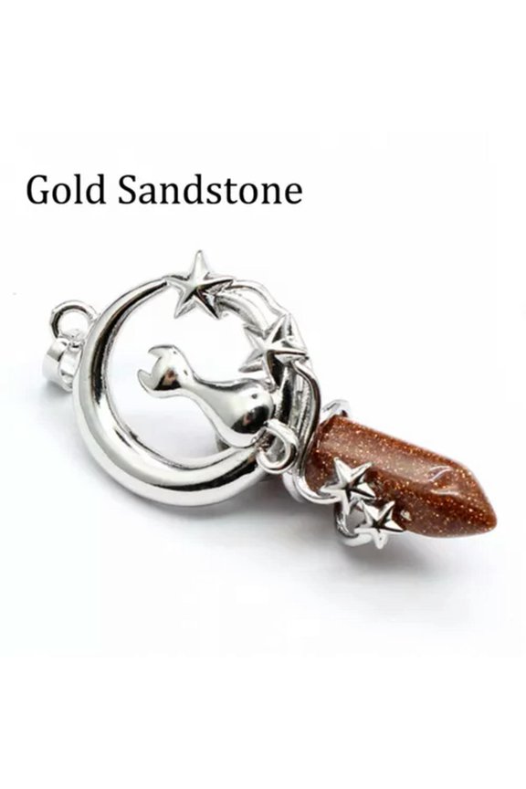 Natural Crystal Chakra Cat Moon Star Pendant Hexagonal Pointed Quartz Reiki Gift-Gold Sandstone