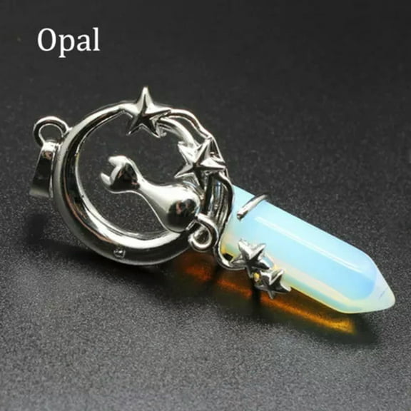EOEMY Natural Crystal Chakra Cat Moon Star Pendant Hexagonal Pointed Quartz Reiki Gift-Opal