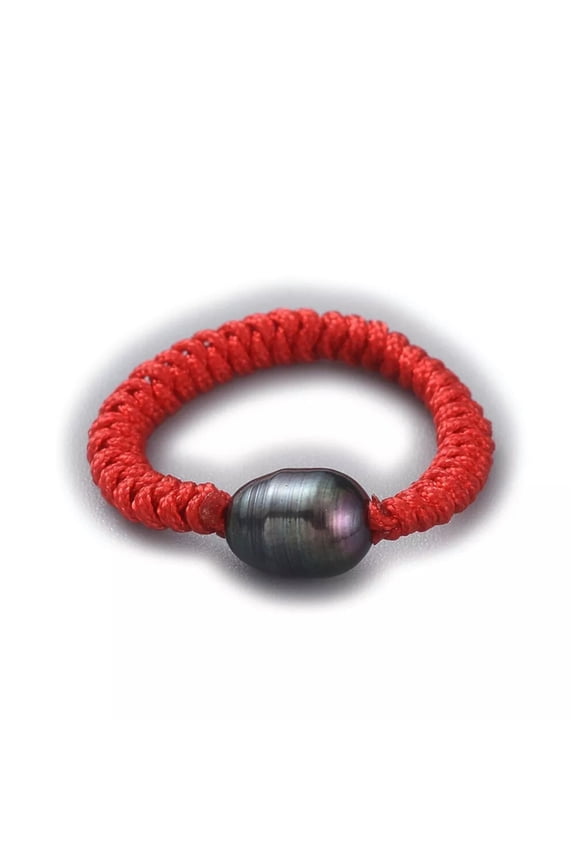 Natural Cultured Freshwater Pearl Ring Nylon Cord Black Adjustable 18~21mm Z740-Default