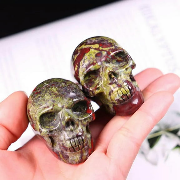 EOEMY Natural Dragon Bloodstone Quartz Crystal Skull Carved Mini Reiki Skeleton Statue