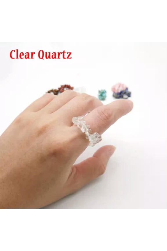 Natural Gemstone Irregular Crushed Gravel Chip Beads Adjustable Stretchy Ring-Clear Quartz